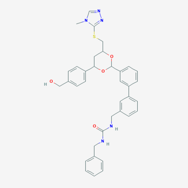 Structure image - 1-Benzyl-3-[[3-[3-[4-[4-(hydroxymethyl)phenyl]-6-[(4-methyl-1,2,4-triazol-3-yl)sulfanylmethyl]-1,3-dioxan-2-yl]phenyl]phenyl]methyl]urea